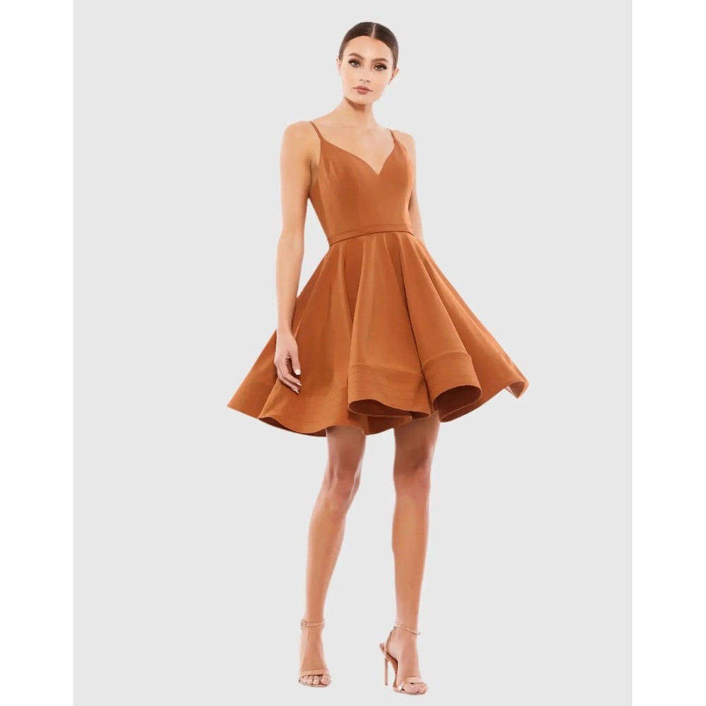 Ieena for Mac Duggal Camel Orange V-Neck Fit and Flare Skater Dress 48775 Size 8